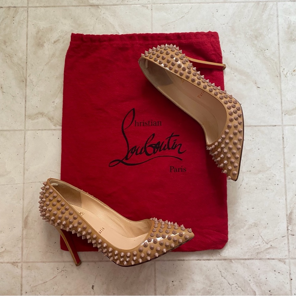 Christian Louboutin Pigalle Spikes 120 Pointed Toe Nude Leather Pumps Heels 7/37